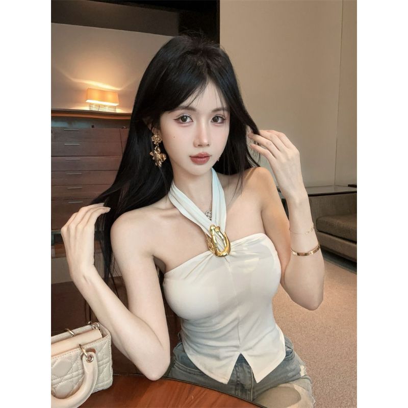 Người Nổi Tiếng Sang Trọng Khóa Kim Loại Dây Camisole Nữ Mùa Hè Nóng Cô Gái Dây Gợi Cảm Mỏng Phù Hợp Với Khe Ống Top