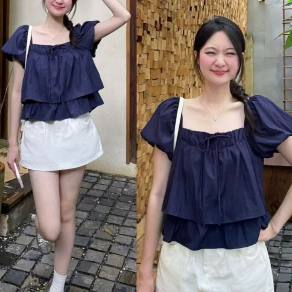 Áo babydoll dáng nữ tay phồng bí bèo hai lớp vổ v sang trọng BD63 - SamHi Closet