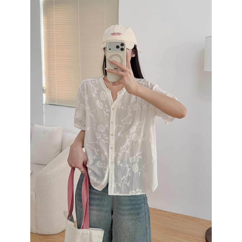 [Sẵn Sàng] Áo Sơ Mi Nữ 100% Sợi Cotton Cao Cấp 2026 Mùa Hè Mới Thêu Jacquard Màu Trơn Áo Sơ Mi Tay Ngắn Rời
