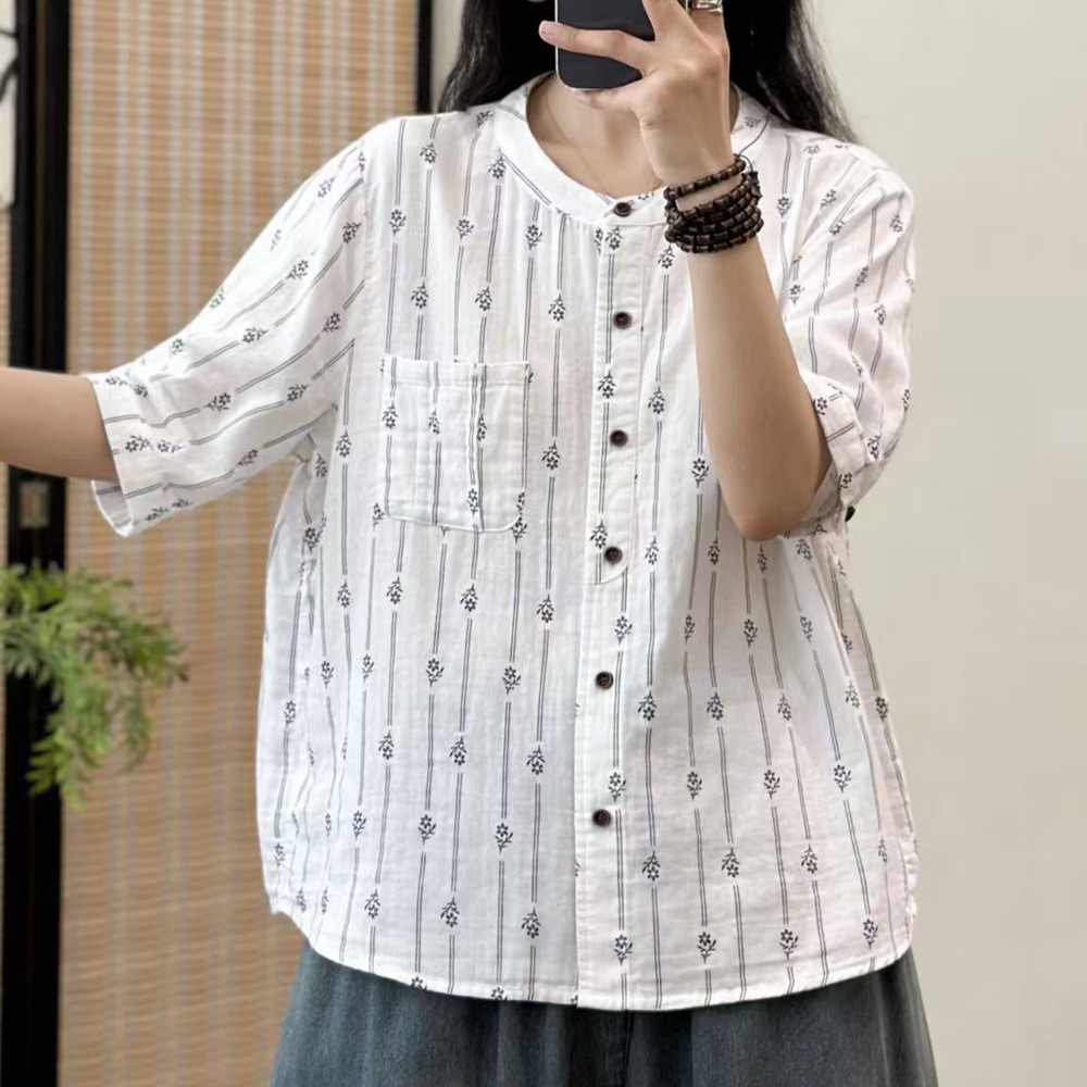 Áo sơ mi nữ cotton dáng rộng size lớn họa tiết hoa văn học cổ điển Cardigan tay ngắn