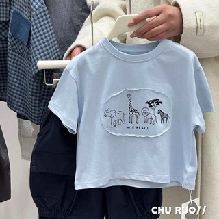 Mùa Hè Phong Cách Mới Cotton Nguyên Chất Miếng Dán Voi In Áo Thun Ngắn Tay Bé Trai Hươu Cao Cổ In Nửa Tay Top Bé Gái Sư Tử Ngựa Vằn In Đáy