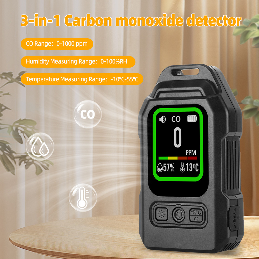 Máy dò rò rỉ khí CO 3 trong 1 Cảm biến Carbon Monoxide có đèn pin báo động Máy đo độ ẩm nhiệt độ di động để sử dụng trong nhà tại nhà