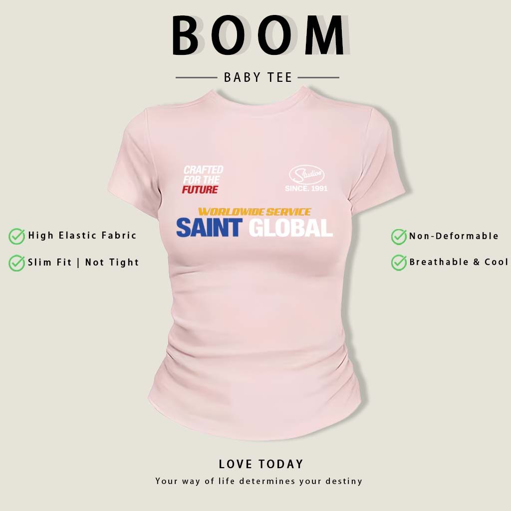 BOOM Áo Baby Tee Nữ Cotton Ôm Body-Áo Thun Ngắn Tay Y2K In Hình PhongCách Mùa Hè, Cổ Tròn Hàng Đầucách hàn quốc phongE36