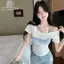 Tweed Kẻ Sọc Áo Thun Nữ Mùa Hè, Ngọt Ngào Gợi CảmSlim Fit