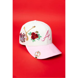 Mũ Snapback 9Fifty độc quyền Atlanta Braves màu chrome hồng, thiết kế hoa hồng và patch World Series 1976