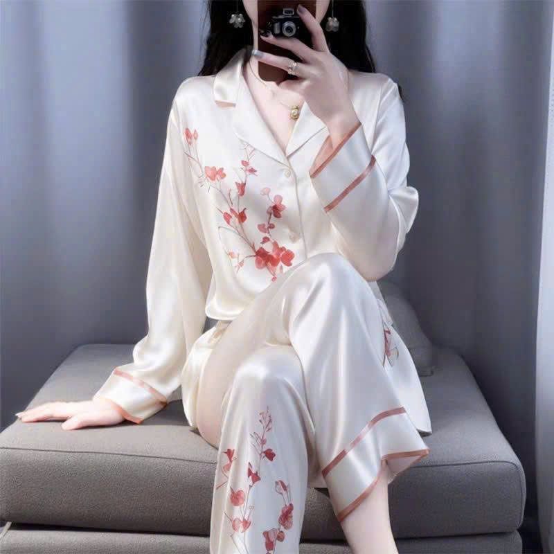 SSLL BBộ đồ ngủ lụa satin nữ cao cấp họa tiết sang trọng – Pijama dài tay mềm mịn, mặc nhà thanh lịch.