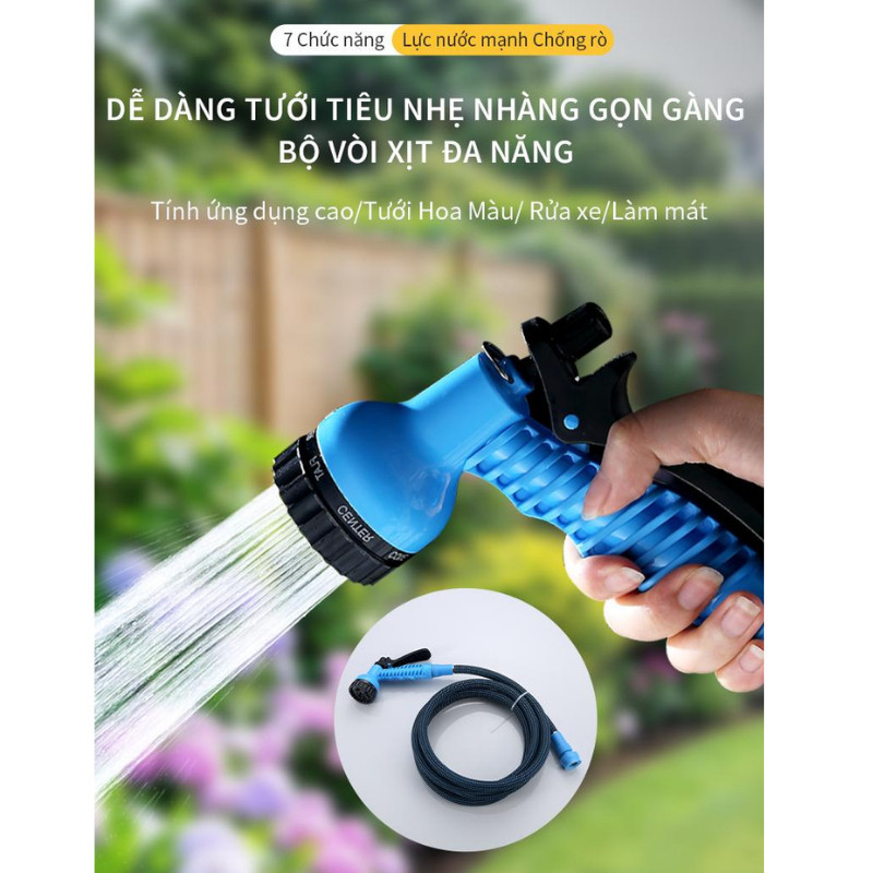 Bộ Vòi Xịt Tăng Áp 7 Chế Độ, Dây Vòi Bọc Dù Siêu Bền, Tưới Cây Rửa Xe, Tay Cầm Phun Tự Động