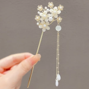 Kẹp Tóc Phong Cách Cổ Bước Lắc Cao Cấp Cảm Giác Giả Chalcedony Hoa Kẹp Tóc Sườn Xám Ngọc Trai Tua Rua Mới Trung Quốc Kẹp Tóc Nữ