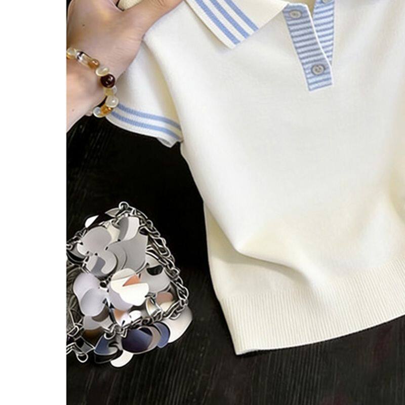Áo thun ngắn tay cổ áo Polo phong cách mới mùa hè | Phụ Nữ Plus Size Béo mm Mỏng Hơn Nhìn Rời Màu Sắc Tương Phản Ve Áo Top, Sang Trọng Hợp Thời Trang 40-100kg Có Thể Mặc
