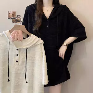 Mùa hè Phong cách mới Kích thước lớn 1-150kg Mỡ mm Bao phủ rộng rãi Áo thun ngắn tay có mũ trùm đầu