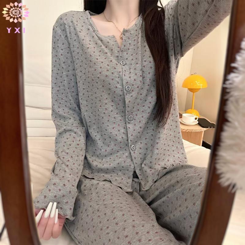 Y.X.I Retro Full-print Bộ Đồ Ngủ Hoa Ngọt Ngào Nữ Mùa Hè Cardigan Dài Tay Quần Rời Nhà Quần Áo Phù Hợp Với Mới