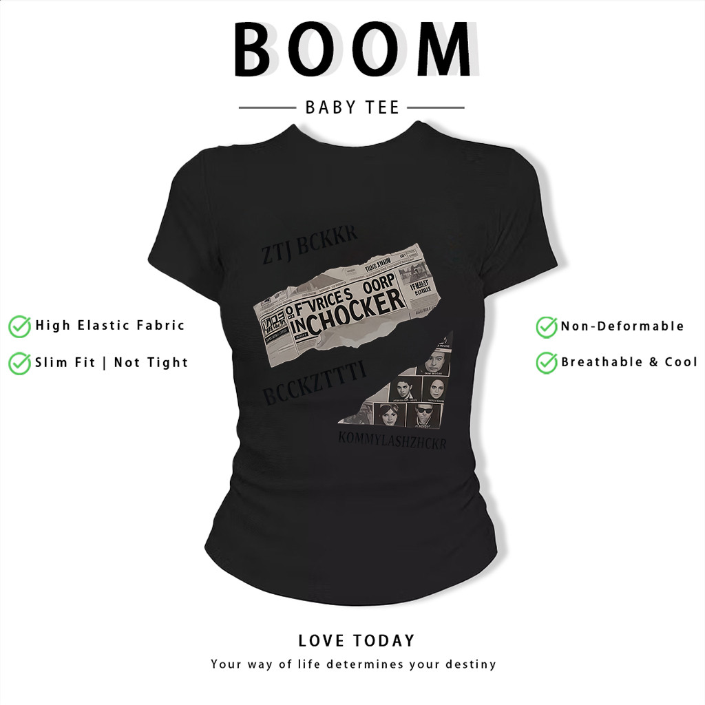 BOOM Áo Baby Tee Nữ Cotton Ôm Body-Áo Thun Ngắn Tay Y2K In Hình PhongCách Mùa Hè, Cổ Tròn Hàng Đầucách hàn quốc phongV98