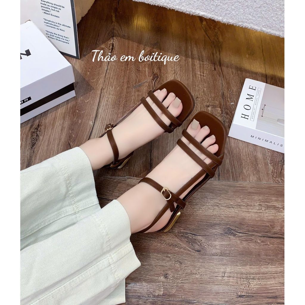 [Thảo Em- QH899] Dép xăng đan nữ đế thấp 2p mũi vuông phối quai da sang trọng. [Có Sẵn]