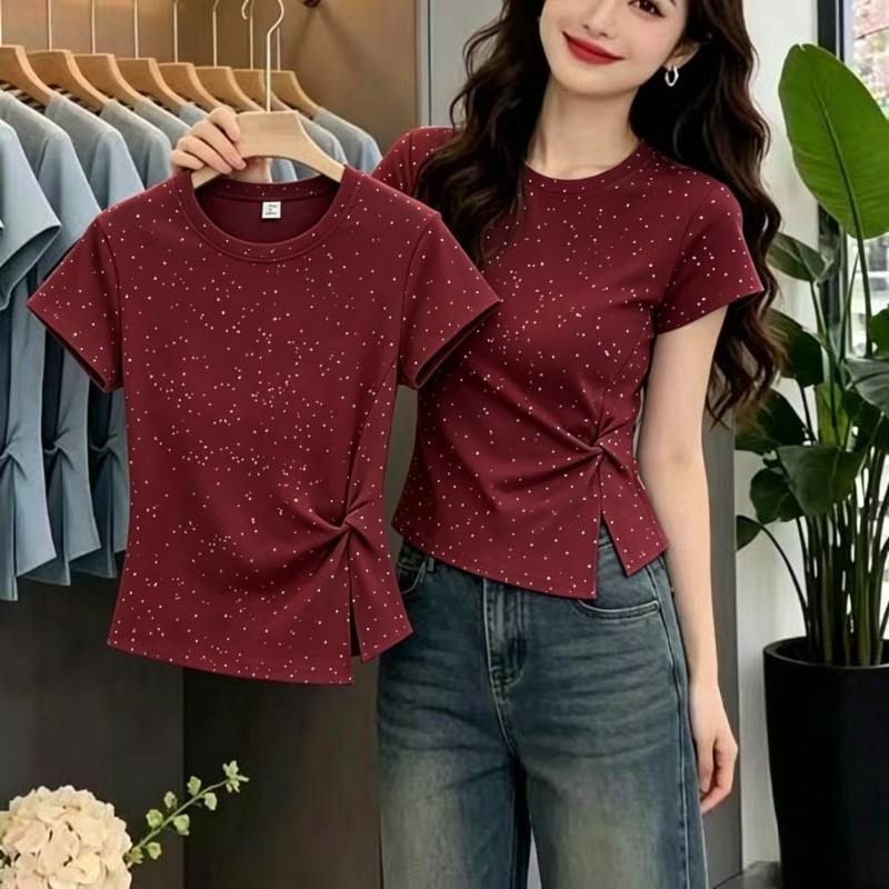 Áo thun ngắn tay nữ mùa hè mới thời trang giản dị dáng ôm vừa vặn sáng bóng cho nữ
