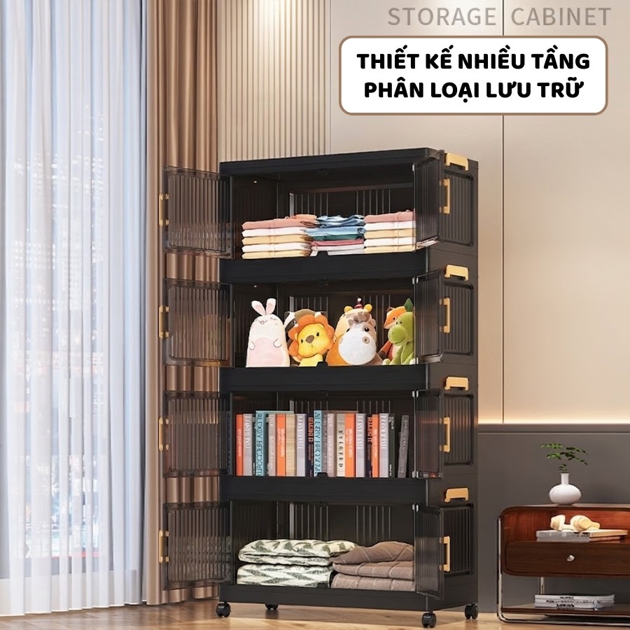 Tủ Nhựa Gấp Gọn ENODA HOME, Tủ Đựng Đồ Đa Năng Màu Trong Đen Hiện Đại Có Bánh Xe Tiện Lợi TUN051