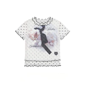 Milyfashion Nơ Mèo Chấm Bi In Hình Nấm Cạnh Ngắn Tay Áo Thun Nhật Bản Dễ Thương Ngắn Top W7U1