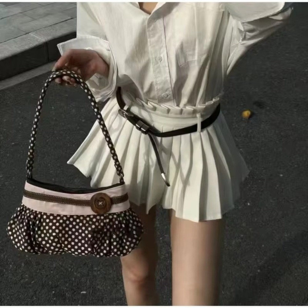 Túi Tote dung tích lớn BRABRAA, Túi xách chấm bi bằng gỗ trang trí nút chấm bi, Túi đeo vai thiết kế xếp li nhẹ phong cách cổ điển đa năng dành cho nữ
