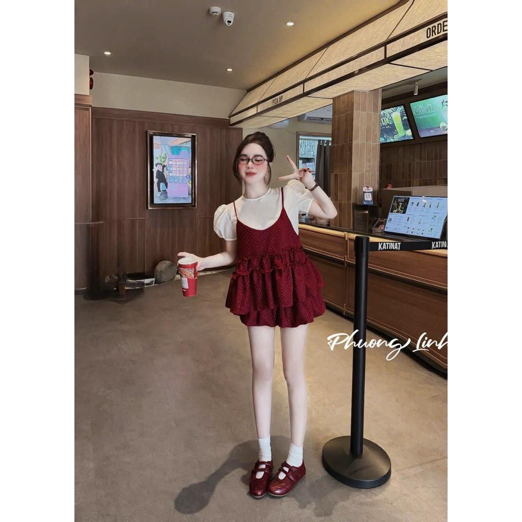SÉT 3 MÓN , ÁO TRẮNG BABY DOLL , ÁO BI 2 DÂY BÈO , CHÂN  BI BÍ BYJOLIE