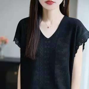Mùa hè Phong cách mới Phiên bản Hàn Quốc Cổ chữ V Áo dệt kim Jacquard tay ngắn thời trang dáng rộng dáng rộng dáng rộng hơn