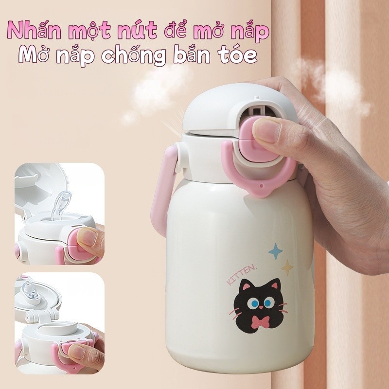 Bình Giữ Nhiệt Inox 316 Dung Tích 480ml - Có Ống Hút, Dây Đeo, Nắp Thú Dễ Thương, Cho Bé & Du Lịch
