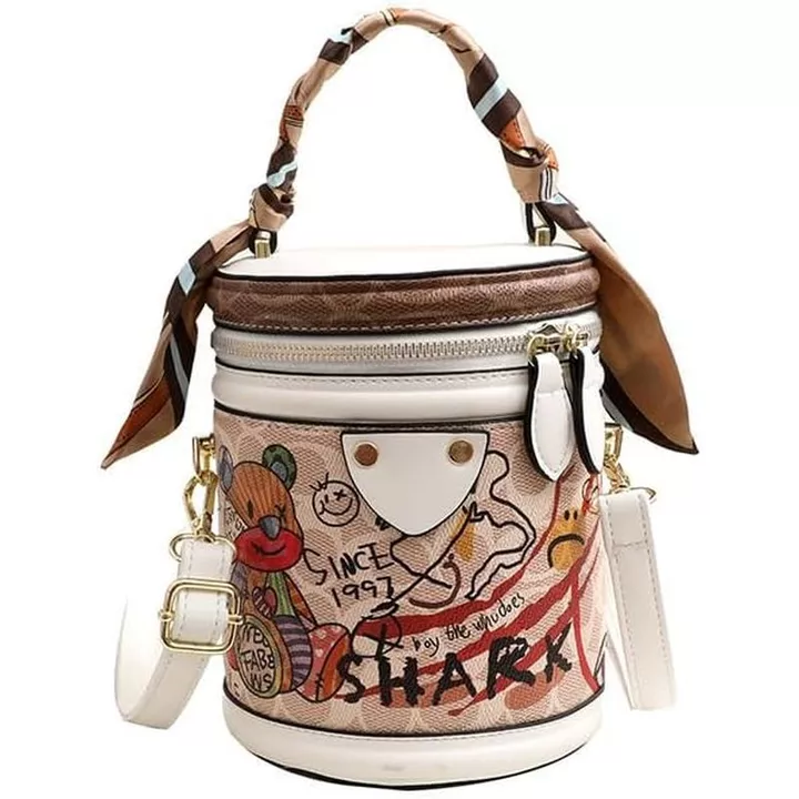 Túi đeo chéo Mini Bucket dành cho nữ, Túi đeo chéo hoạt hình, Ví graffiti dành cho nữ, Ví đựng xách tay tròn đeo vai tròn S, Túi xách tinh tế có dây buộc lụa (W