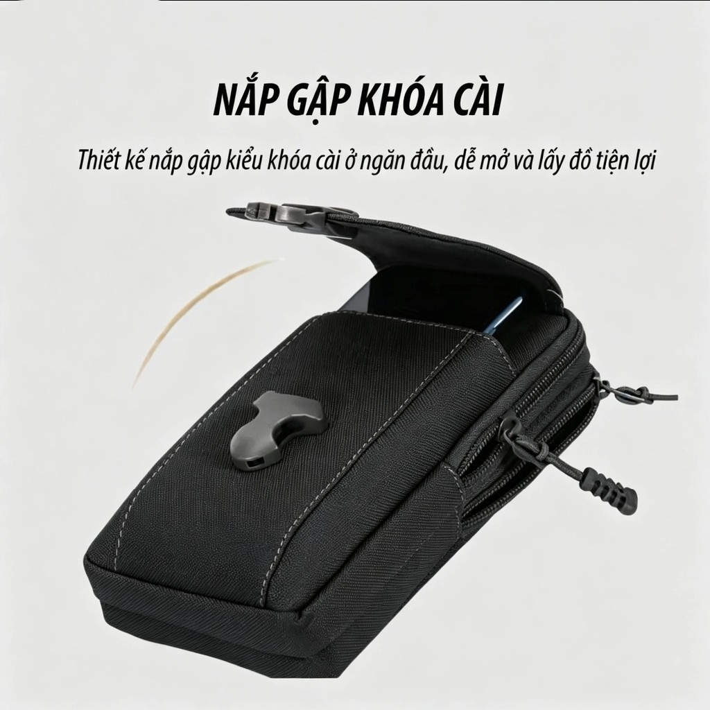 【COD】Túi đeo hông nam màu đen 3 ngăn kiểu dọc, chất liệu canvas, chống thấm nhẹ, đựng tiền điện thoại chìa khóa gọn gàng