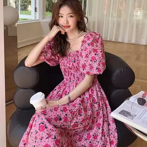 Phiên bản Hàn Quốc nhỏ mùa hè Slim-fit Slimmer Váy dài tay phồng xếp ly bụng co giãn