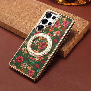 Phong Cách Châu Âu Hoa Ốp Lưng Điện Thoại Samsung Galaxy S26 S25 S24 S23 Ultra Plus Từ Xoay Bánh Răng Giá Đỡ Mạ Điện Bao