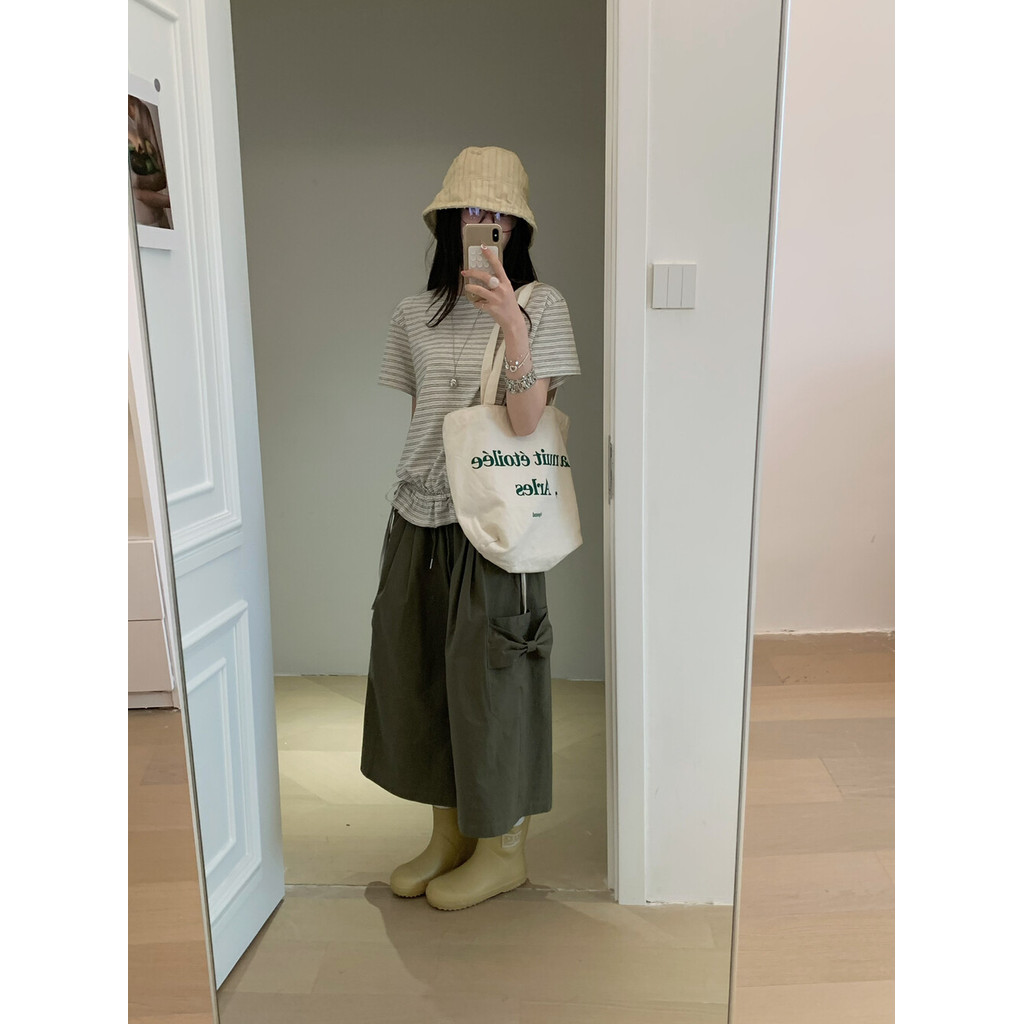 SUXI Áo thun phong cách Hàn Quốc sọc nhẹ nhàng dành cho nữ với dây rút - 260424