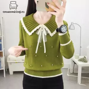 Tweeduj Áo Len Phong Cách Hàn Quốc, Cổ Búp Bê Nơ Ngọt Ngào, Chất Liệu Hạt Đính Kèm