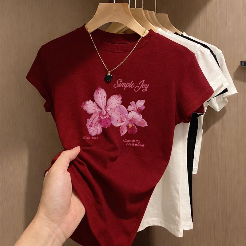 BOOM Áo Baby Tee Nữ Cotton Ôm Body-Áo Thun Ngắn Tay Y2K In Hình PhongCách Mùa Hè, Cổ Tròn Hàng Đầucách hàn quốc phongR47