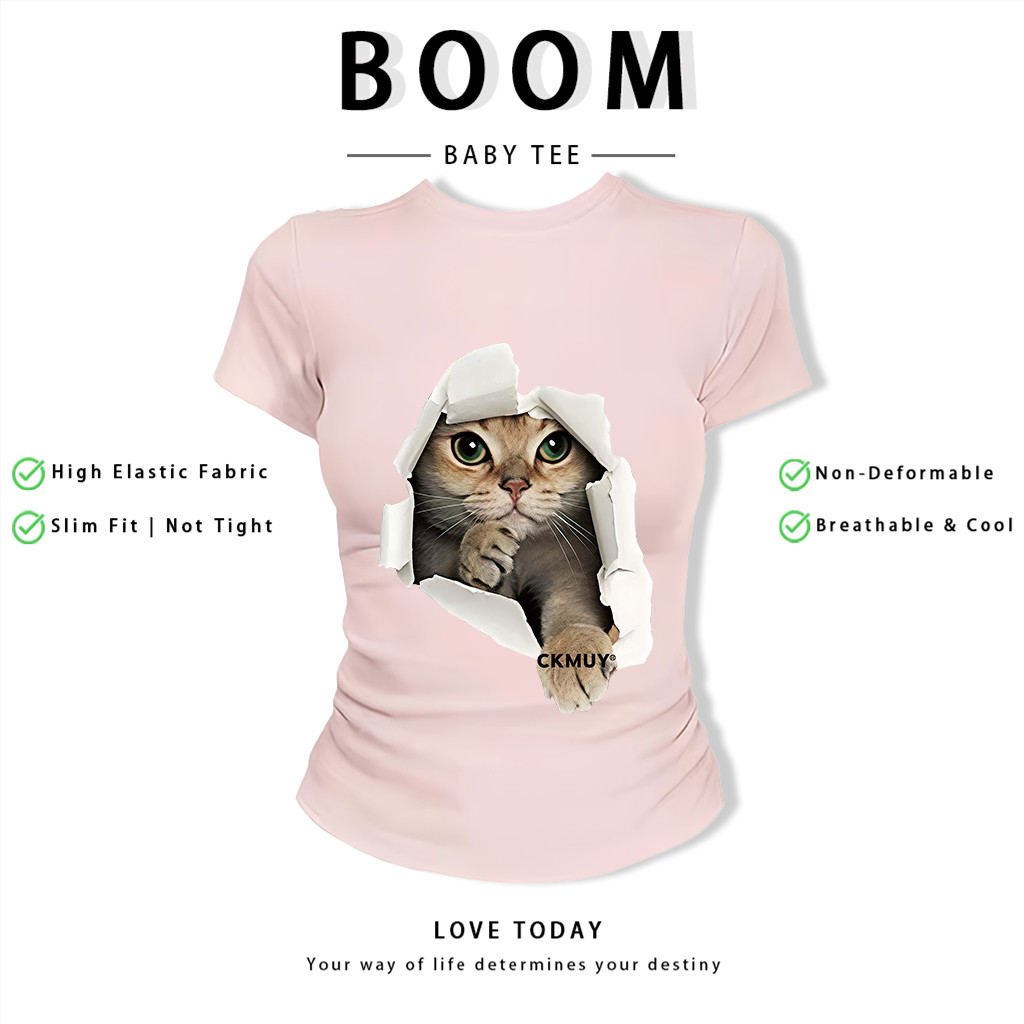BOOM Áo Baby Tee Nữ Cotton Ôm Body-Áo Thun Ngắn Tay Y2K In Hình PhongCách Mùa Hè, Cổ Tròn Hàng Đầucách hàn quốc phongM07