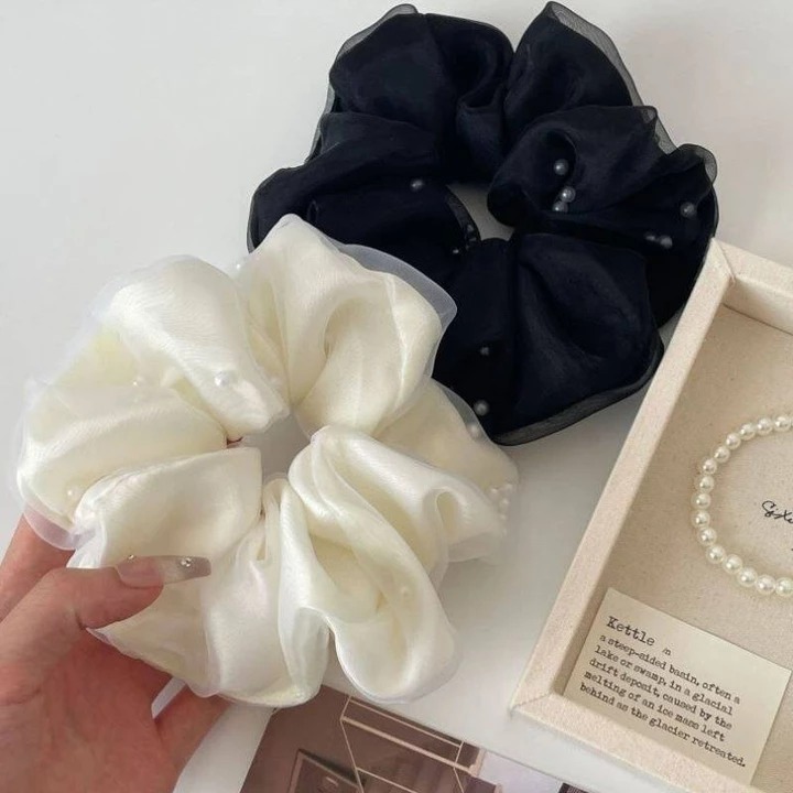 Nhẹ Nhàng Lớn Trắng Đen Lưới Ngọc Trai Scrunchie Tóc Dây Buộc Tóc Scrunchies Phụ Kiện Tóc