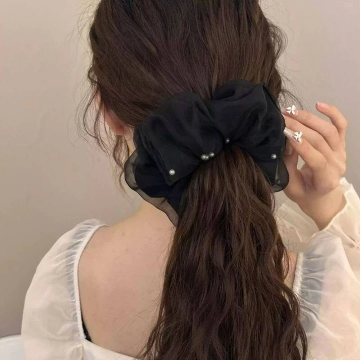 Nhẹ Nhàng Lớn Trắng Đen Lưới Ngọc Trai Scrunchie Tóc Dây Buộc Tóc Scrunchies Phụ Kiện Tóc