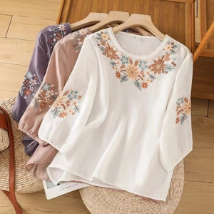 Áo thun Cotton thêu ba phần tư tay áo nữ cổ điển dáng rộng nghệ thuật thêu áo thun