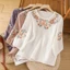 Áo thun Cotton thêu ba phần tư tay áo nữ cổ điển dáng rộng nghệ thuật thêu áo thun