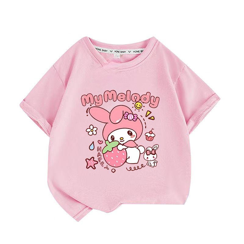 2D My Melody Hoạt Hình In Hình Trẻ Em Tay Ngắn Tee Rời Cắt Cho Mùa Hè Hàng Ngày Thường Ngày Và Lớp Mặc
