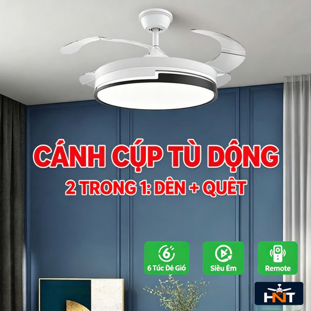 Quạt Trần Đèn Cánh Cụp , Quạt Trần Đèn LED Cánh Ẩn Điều Khiển Từ Xa, 6 Tốc Độ Gió, 3 Chế Độ Đèn