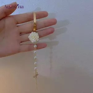 AqToCna Phong Cách Hàn Quốc Hoa Hồng Đỏ Giả Ngọc Trai Vòng Tay Nữ Ánh Sáng Sang Trọng Hoa Bướm Có Thể Điều Chỉnh Vòng Tay Trang Sức Cưới AqToCna