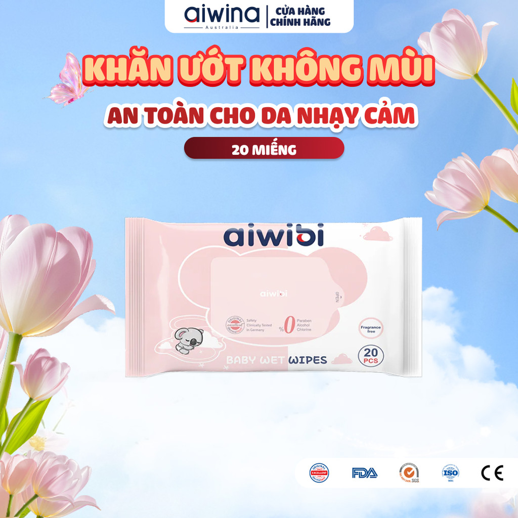 Khăn Ướt Không Cồn Aiwibi Thấm Hút Tốt, An Toàn Cho Da Nhạy Cảm (1 Gói 20 Miếng)
