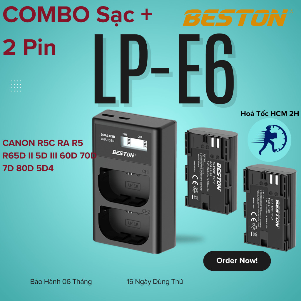 Pin máy ảnh và sạc pin máy ảnh Beston LP-E6 dùng cho máy ảnh CANON R5C RA R5 R65D II 5D III 60D 70D 7D 80D 5D4