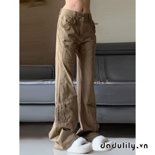 Quần jean trang phục lao động màu kaki phong cách high street kiểu Mỹ, ống đứng rộng, dài chấm đất