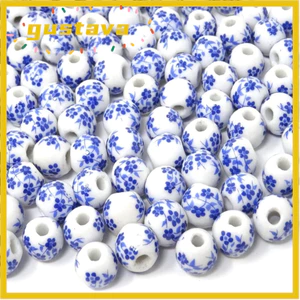 GUSTAVA 100 Hạt Sứ, Hạt Sứ 10 Mm, Gốm Sứ Handmade Xanh Trắng 100 Chiếc Miếng Đệm Hạt DIY Đính Hạt Thủ Công