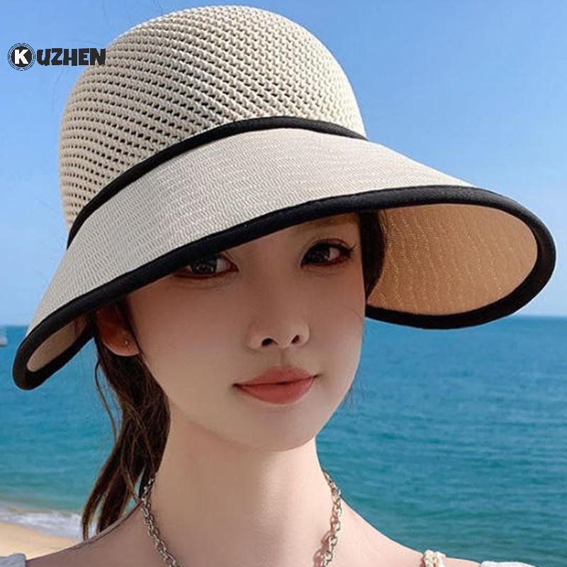 KUZHEN Mũ chống nắng ống hút rỗng cho nữ Mũ thời trang vành rộng cho mùa hè Du lịch ngoài trời và bãi biển HOT