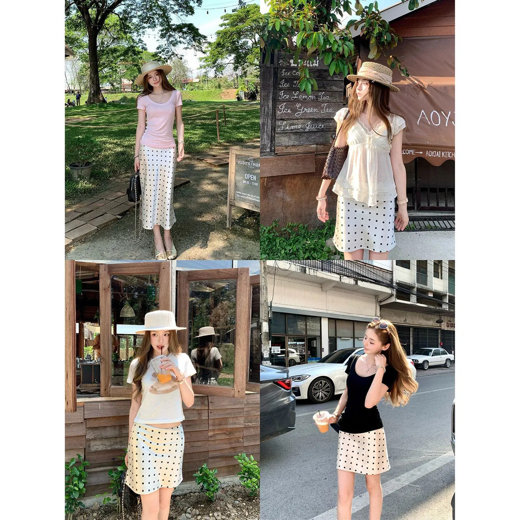 Váy Nữ Satin Trắng Chấm Bi Ngắn Co Giãn Eo Đuôi Cá