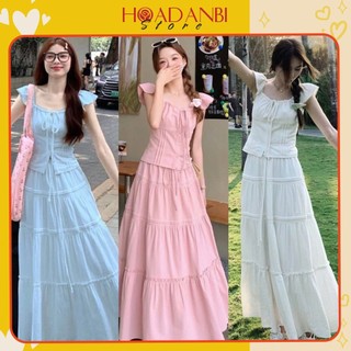 Set Áo Thô Cánh Tiên Mix Chân Váy Xoè Tầng Dáng Dài, Váy hai dây Thời Trang Nữ 3 Màu Hoadanbistore