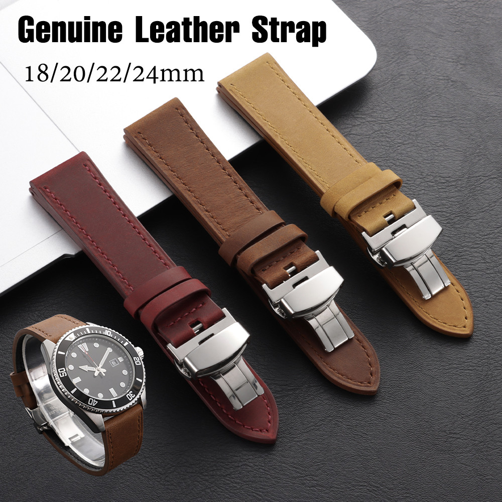 Dây đeo đồng hồ bằng da thật 18 / 20 / 22 / 24mm Vintage Retro Crazy Horse Butterfly Clasp Watchband Matte Thay thế dây đeo cổ tay cho nam nữ