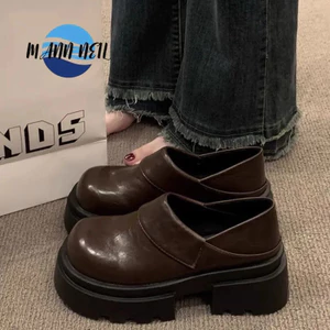 Giày Da Nhỏ Đế Dày Mũi Tròn Nữ Thu Đông Phong Cách Mới Tăng Ngón Chân To Loafers Phong Cách Anh Giày Đơn Phong Cách Punk Giày Nữ