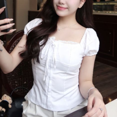 Áo babydoll nữ kiểu Linen tay phồng nơ ngực công chúa phong cách Ma380 - SamHi Closet