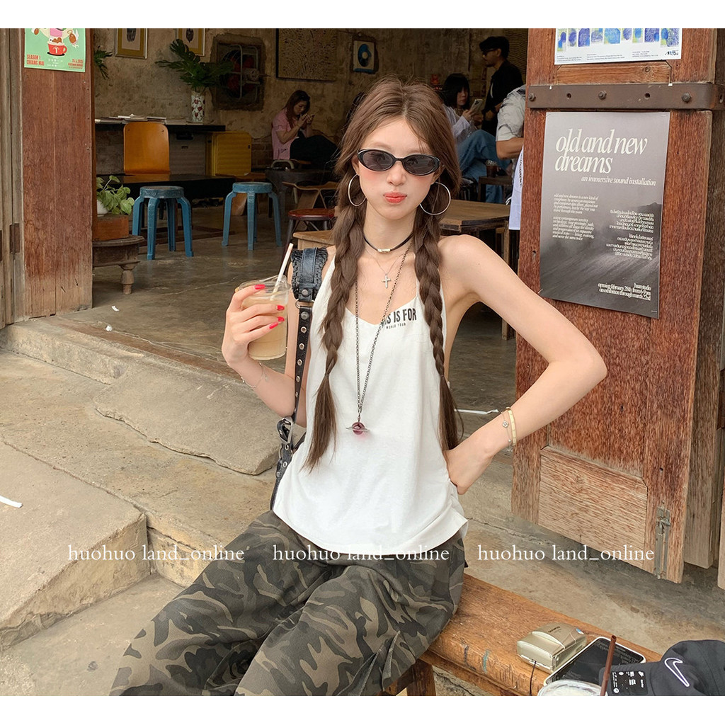 áo 2 dây American Hot Girl In Chữ Dây Cổ Màu Trắng Phong Cách Dây